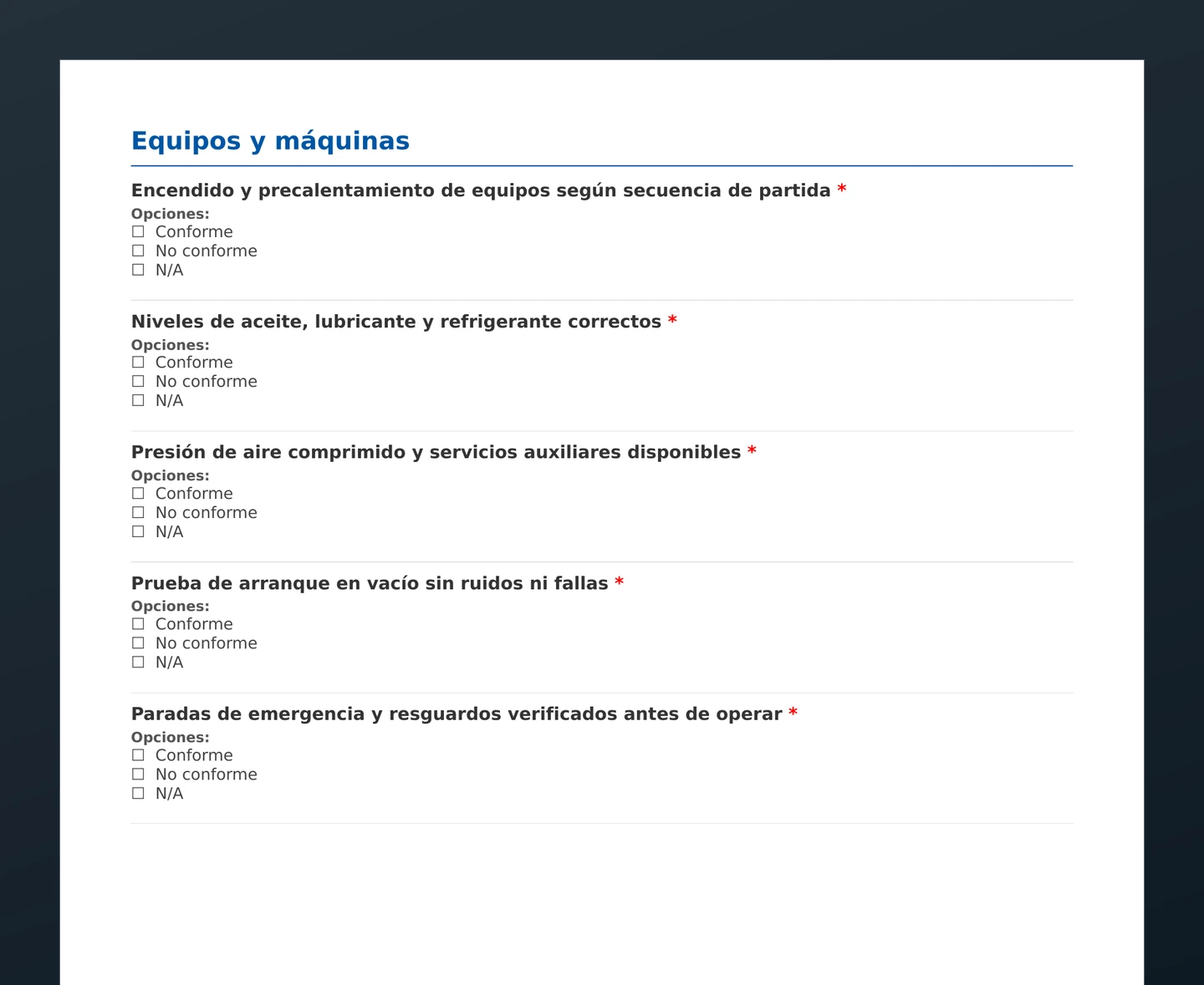 Checklist de arranque de turno en manufactura · vista previa del PDF gratuito descargable