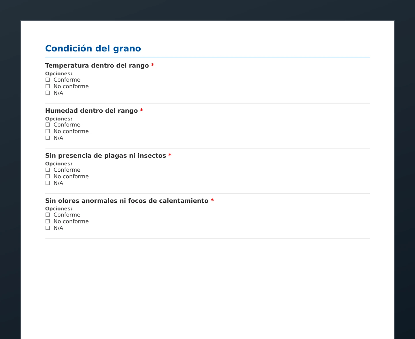 Checklist de control de almacenamiento de granos · vista previa del PDF gratuito descargable