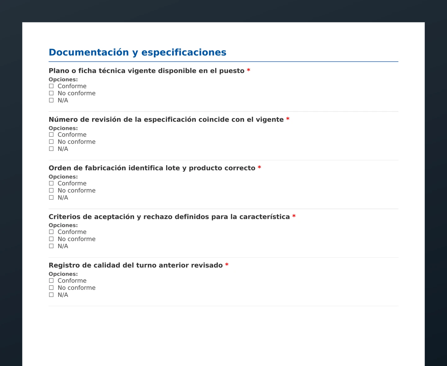 Checklist de control de calidad en manufactura · vista previa del PDF gratuito descargable