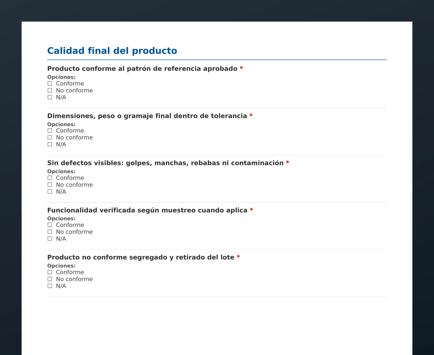 Checklist de control de producto terminado · vista previa del PDF gratuito descargable