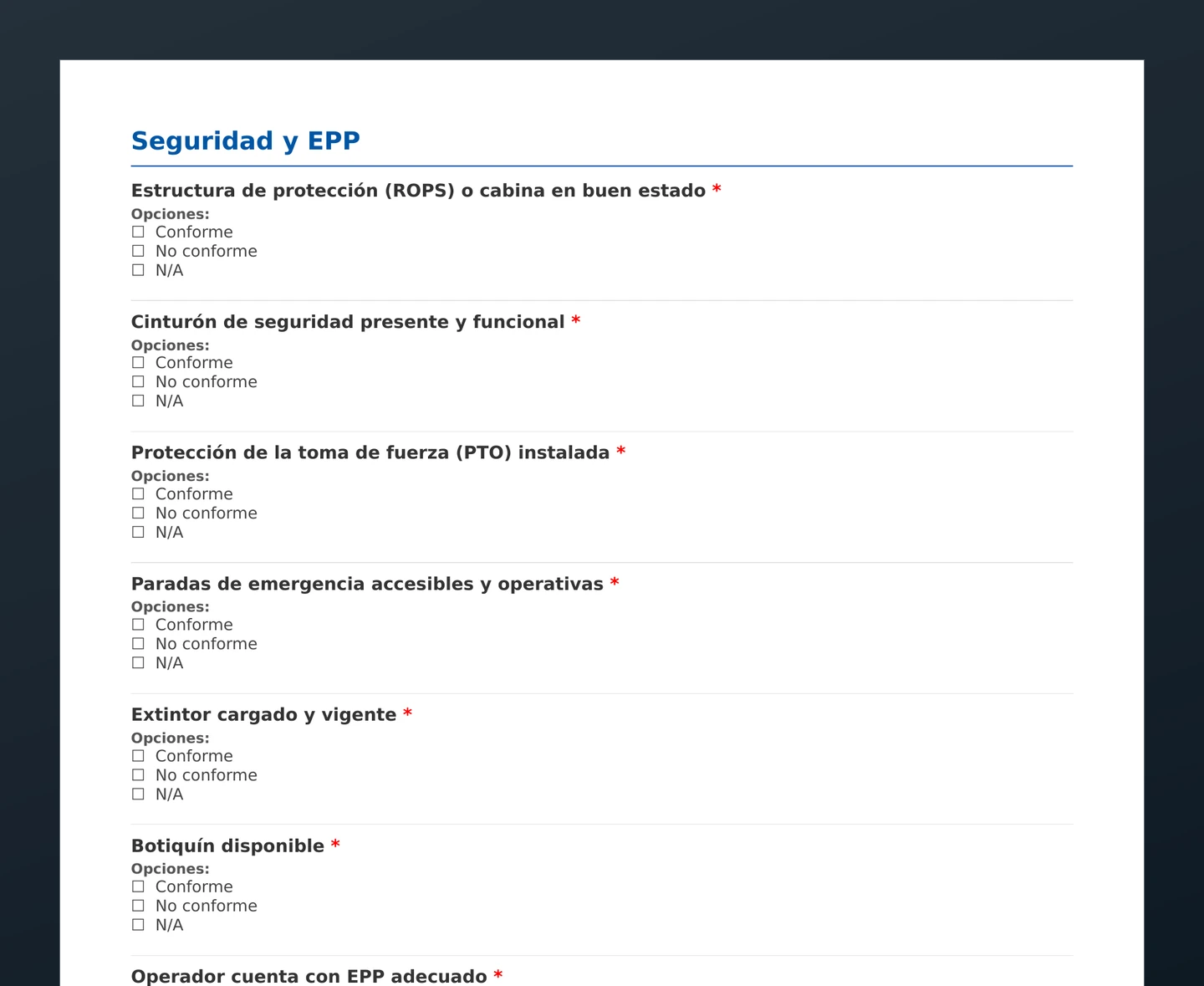 Checklist de inspección de maquinaria agrícola · vista previa del PDF gratuito descargable