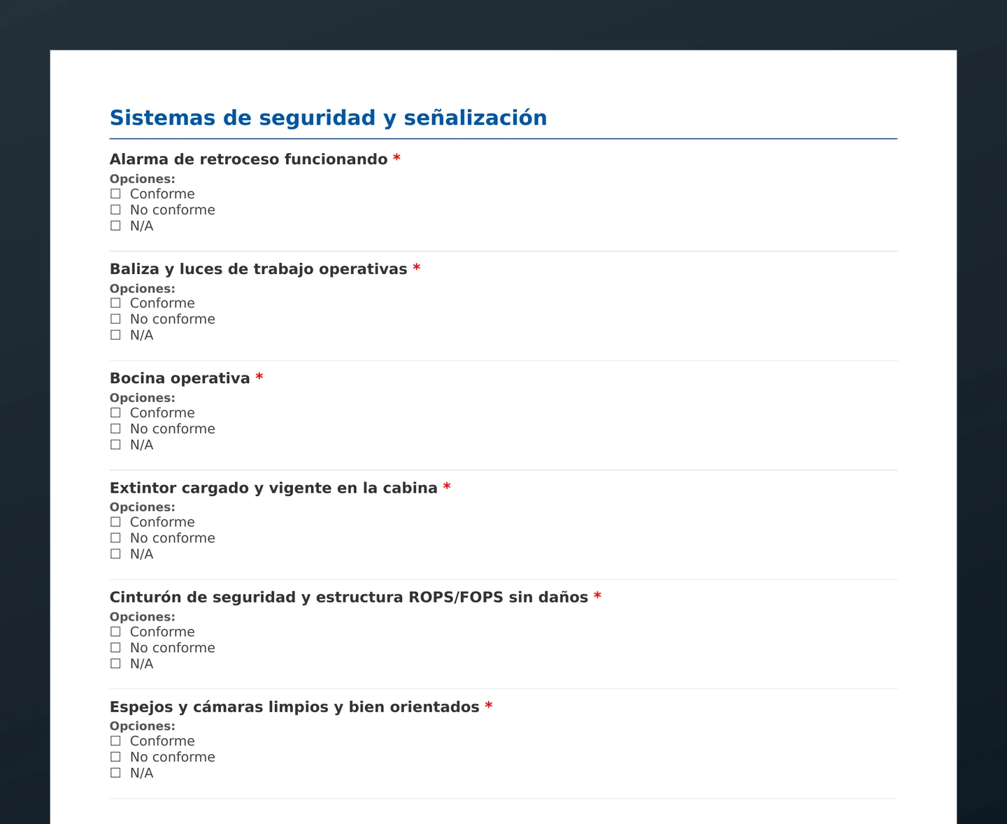 Checklist de inspección de maquinaria pesada · vista previa del PDF gratuito descargable