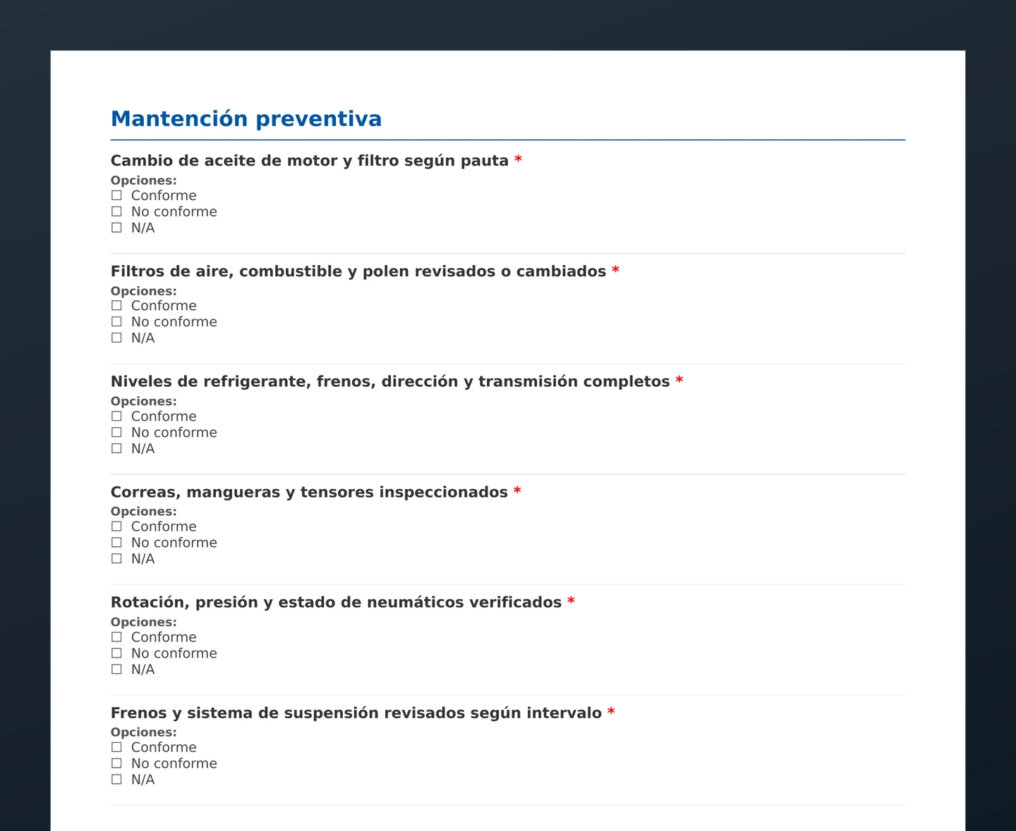 Checklist de registro de mantención · vista previa del PDF gratuito descargable