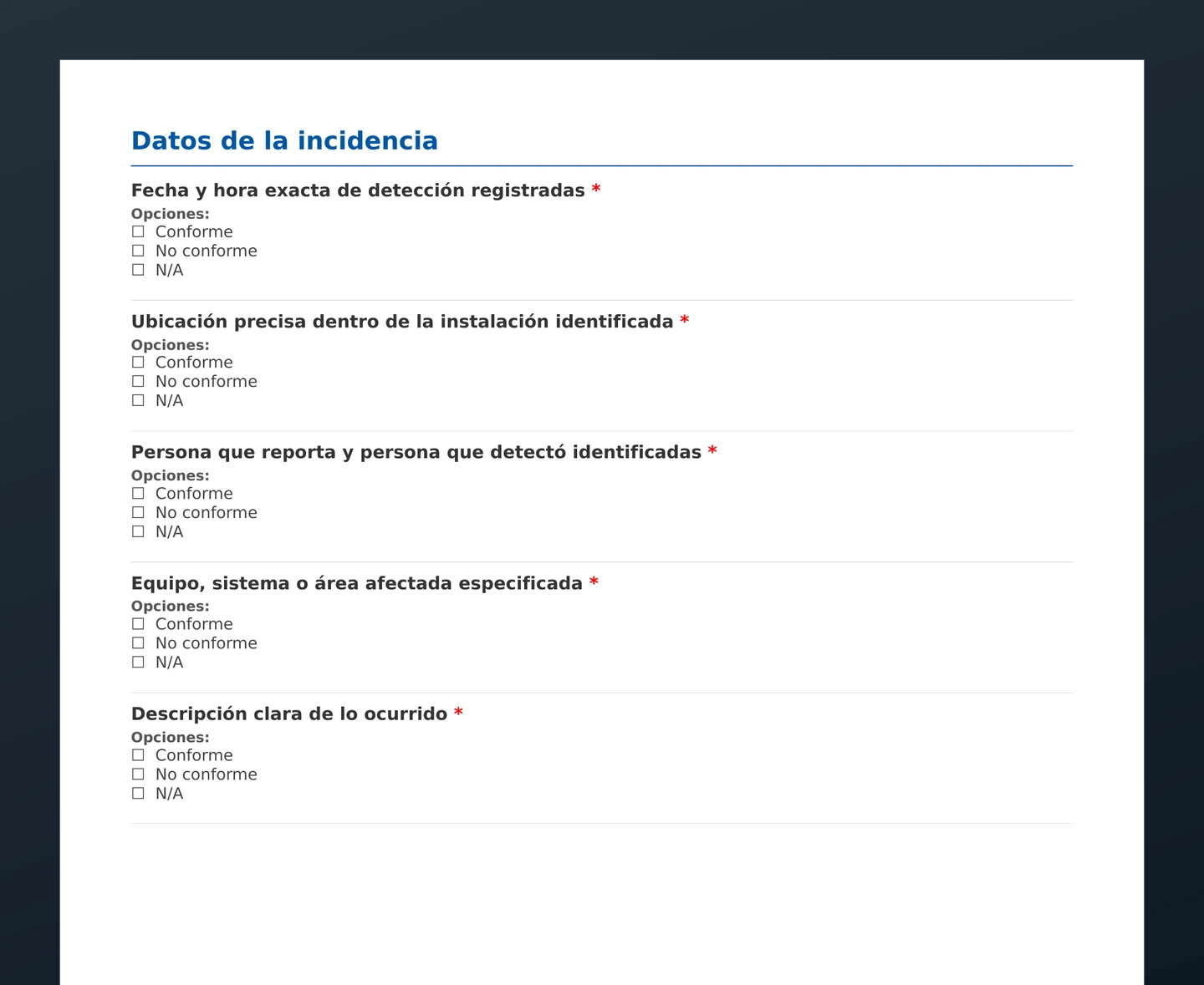 Checklist de reporte de incidencia · vista previa del PDF gratuito descargable